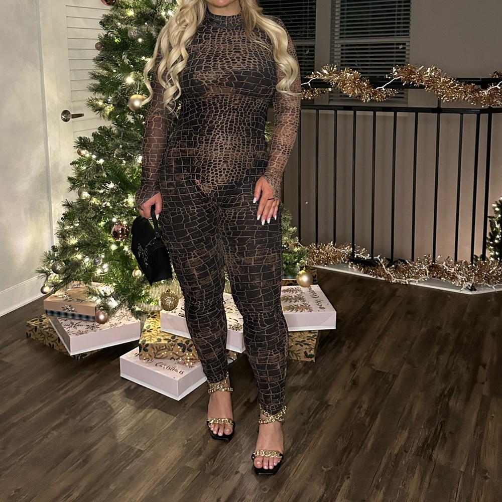 Fashion Nova Sexy In Snake Mesh Jumpsuit - Brown - Picture 9 of 10
